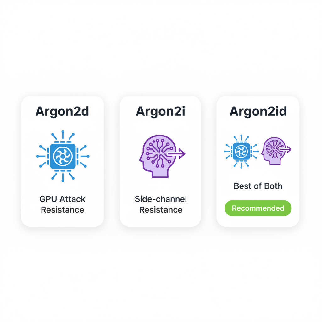 A three-column comparison diagram showing Argon2d for GPU resistance, Argon2i for side-channel resistance, and Argon2id as the recommended hybrid.