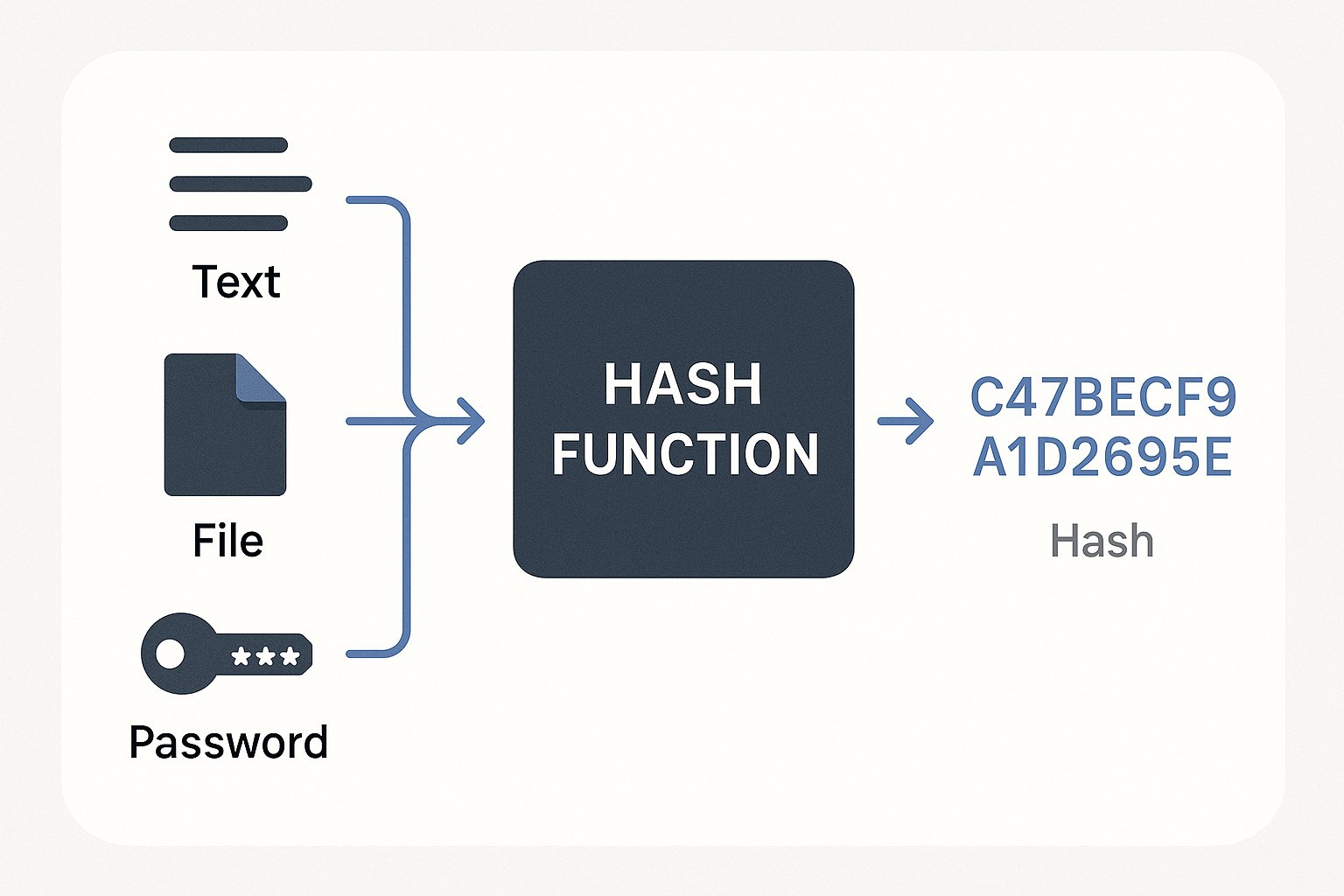 Infographic explaining the hashing concept: various inputs go into a hash function and produce a fixed-length hash output.