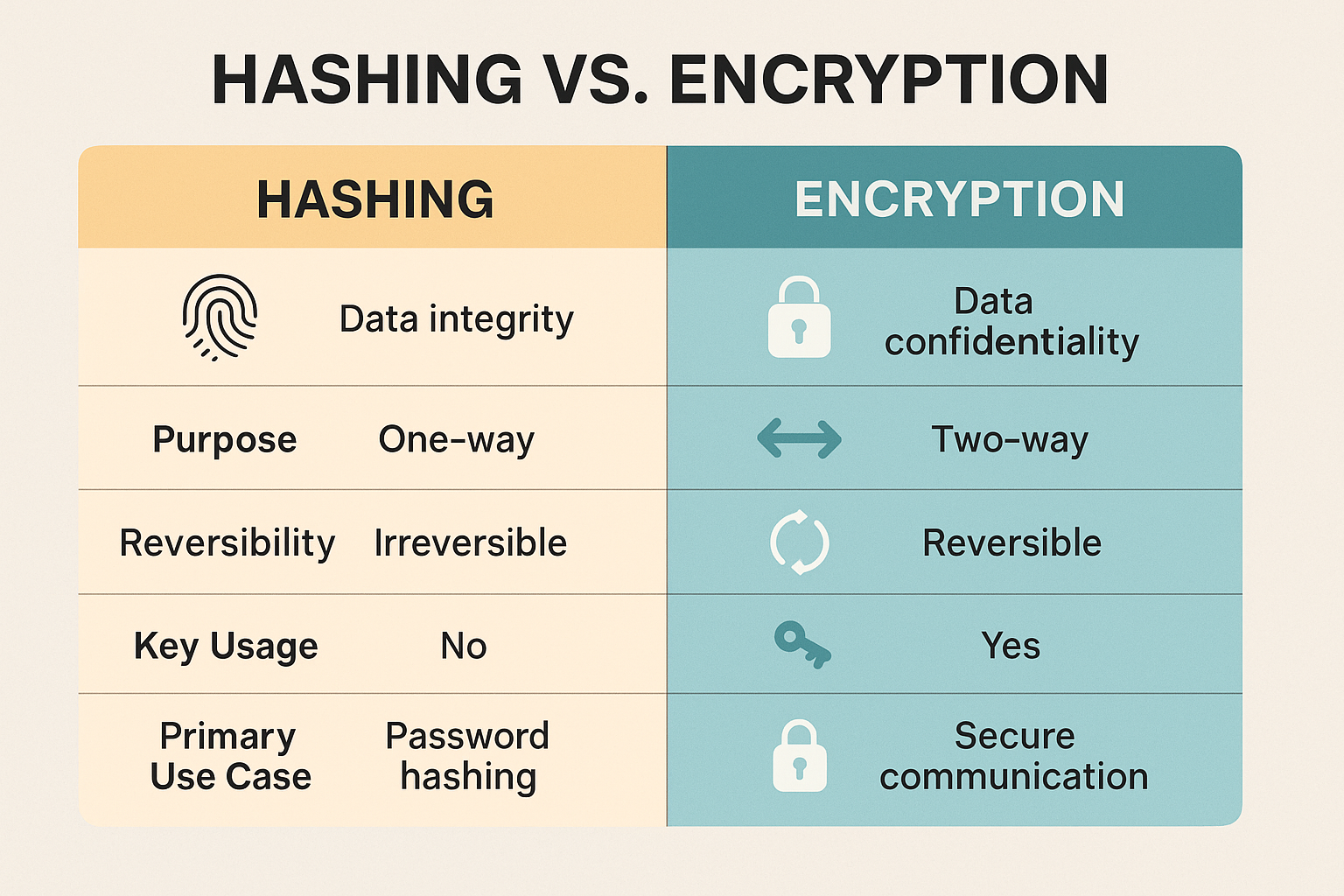 Comparison table infographic showing the differences between hashing and encryption.