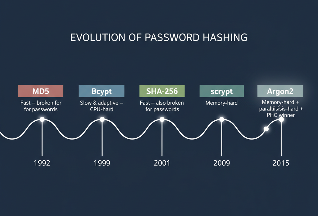 A timeline graphic showing the evolution of password hashing: MD5, SHA-256, Bcrypt, scrypt, and finally the PHC winner, Argon2.